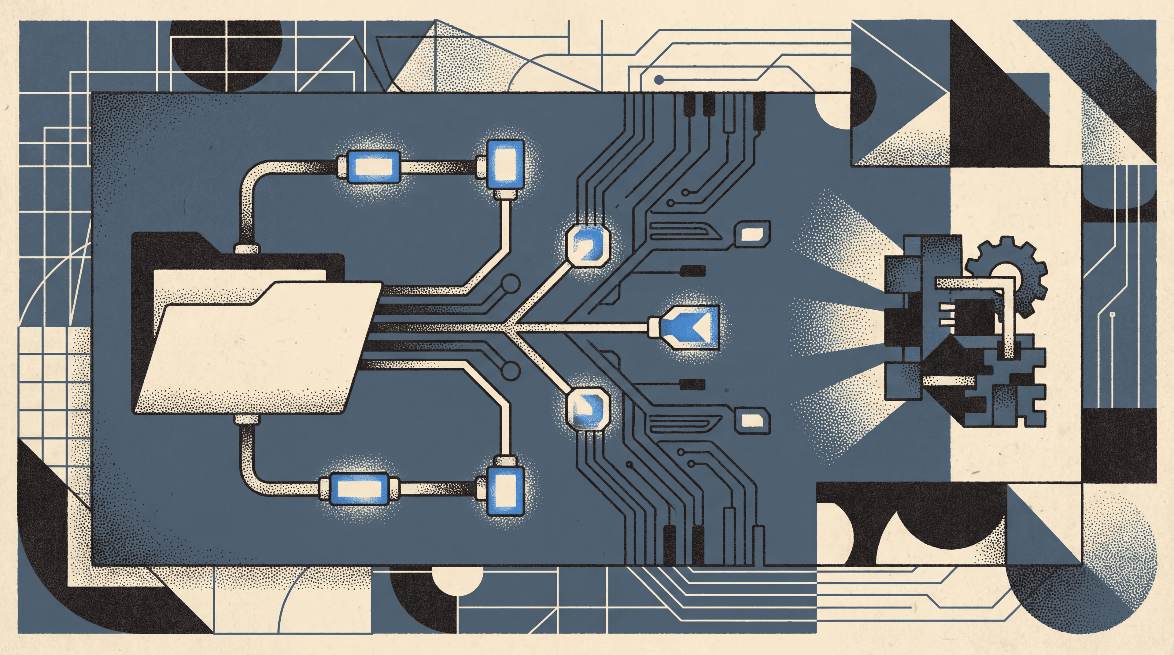 A technical circuit board diagram with structured data nodes connecting a document to glowing AI recommendation outputs