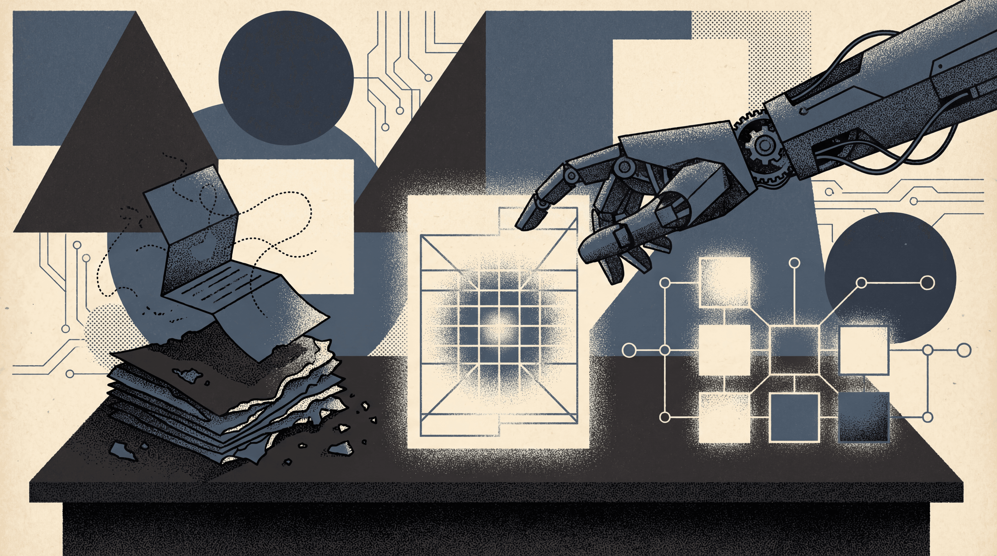 A robotic mechanical hand reaching across a table toward a contract, crumbling print brochures on the left, structured data grid on the right