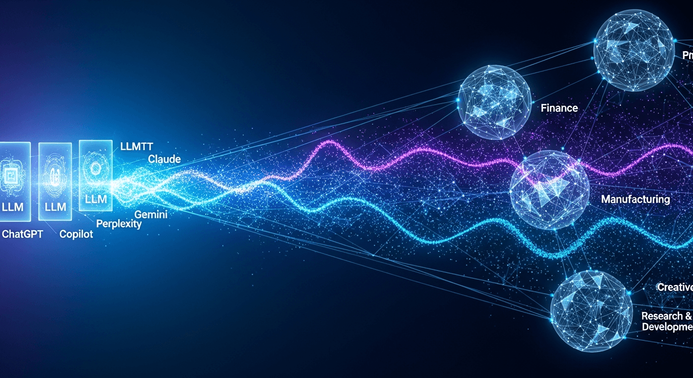 Dramatic visualization of AI discovery platforms with glowing data streams representing ChatGPT, Copilot, Claude, Perplexity, and Gemini converging into different industry verticals, painted in Caravaggio's dramatic chiaroscuro style with deep shadows and luminous highlights