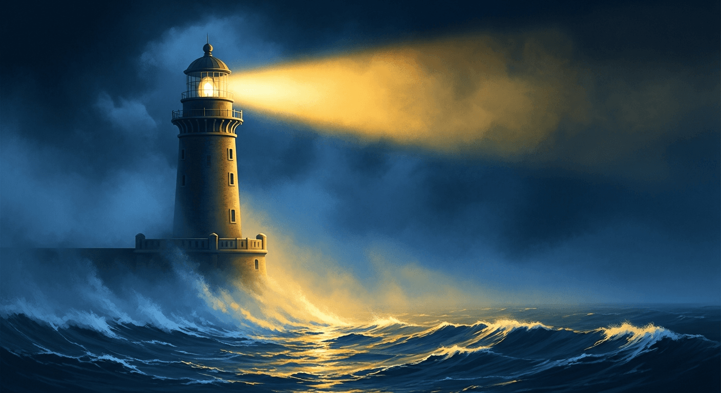 A dramatic lighthouse cutting through fog representing brand visibility in AI search