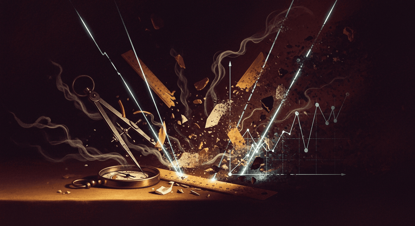 Midcentury modern illustration showing transformation from traditional measurement tools to AI neural networks