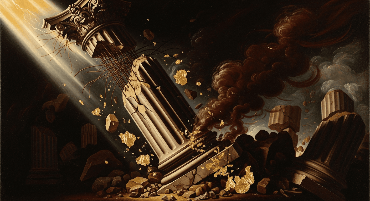 Midcentury modern illustration showing disruption with geometric shapes breaking apart and reforming