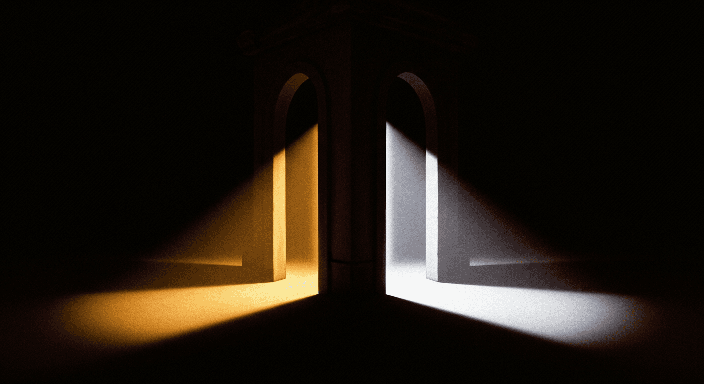 Dramatic chiaroscuro illustration showing a split path in darkness, one path with fading maps and compasses, the other illuminated by concentrated white light