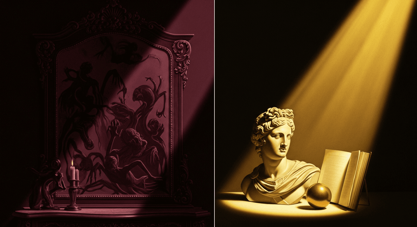 Mirror reflecting distorted shadows while truth emerges in sharp golden light, contrast between illusion and reality in baroque style