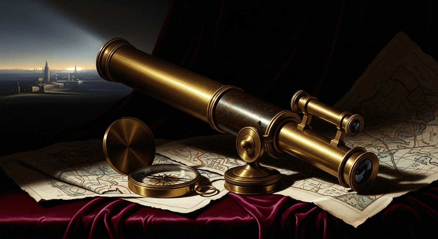 Dramatic Caravaggio-style image of vintage telescope pointed at city skyline with maps and compass, representing brand monitoring and intelligence gathering
