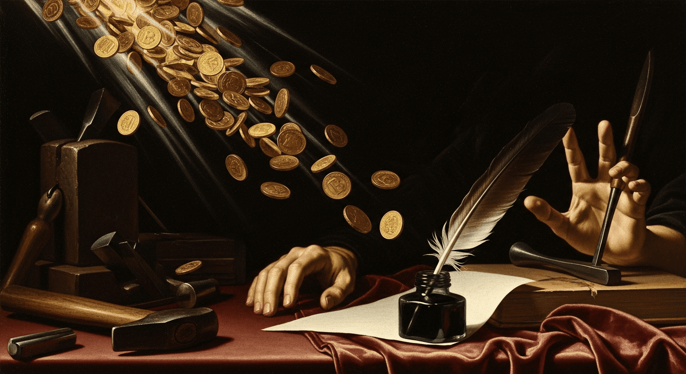 Abstract dramatic illustration of storytelling and narrative power in the AI industry