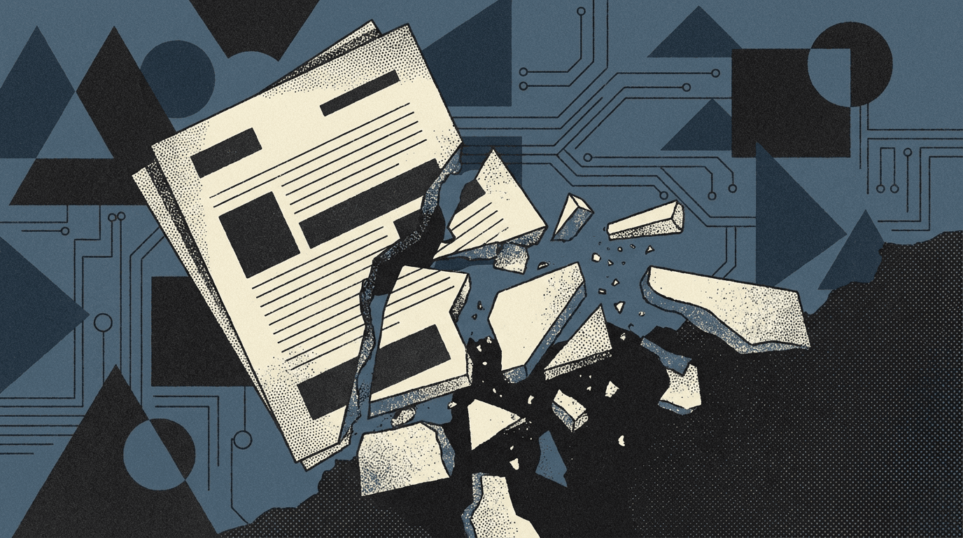 Fragmented document breaking apart into disconnected pieces representing hallucinated AI citations and citation errors for B2B brands