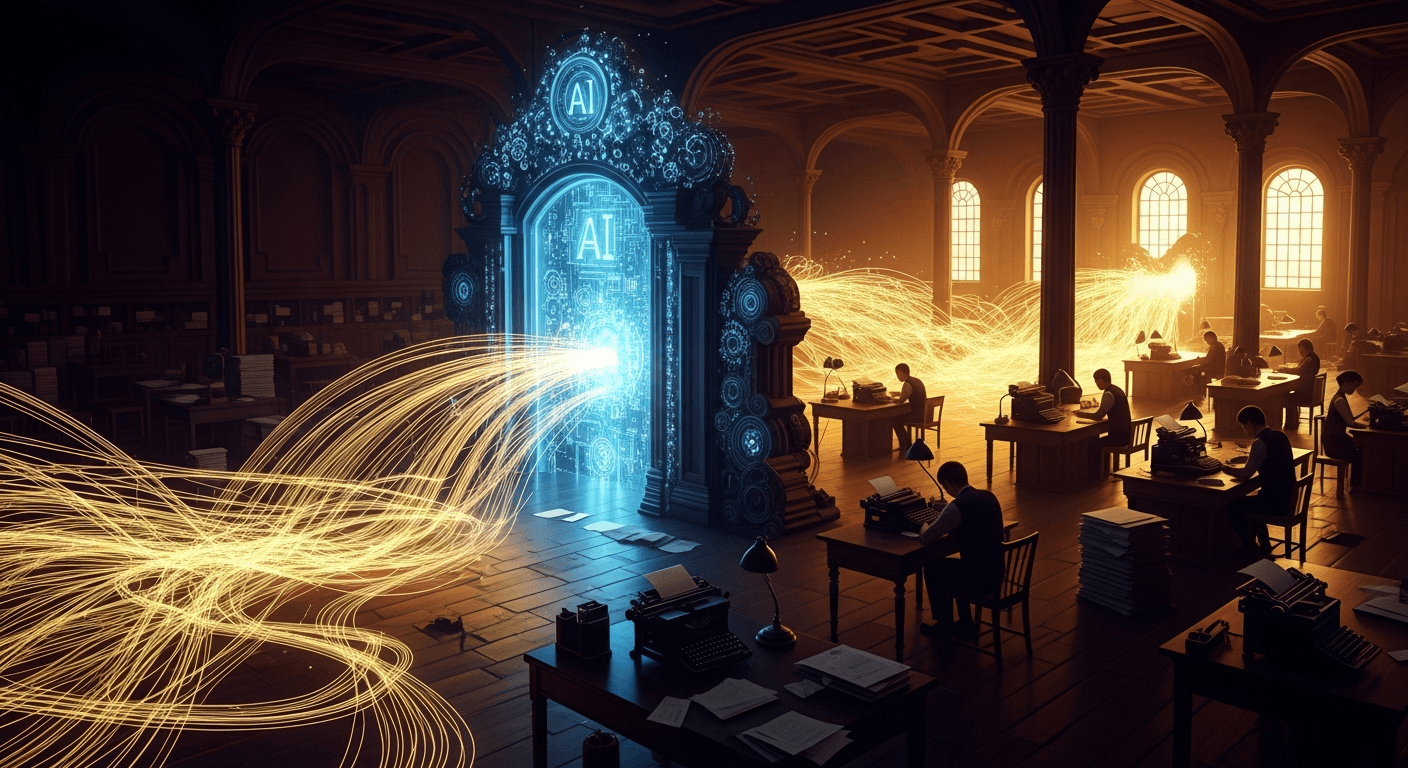 Dramatic Caravaggio-style image showing AI-filtered media relations with chiaroscuro lighting and burgundy tones