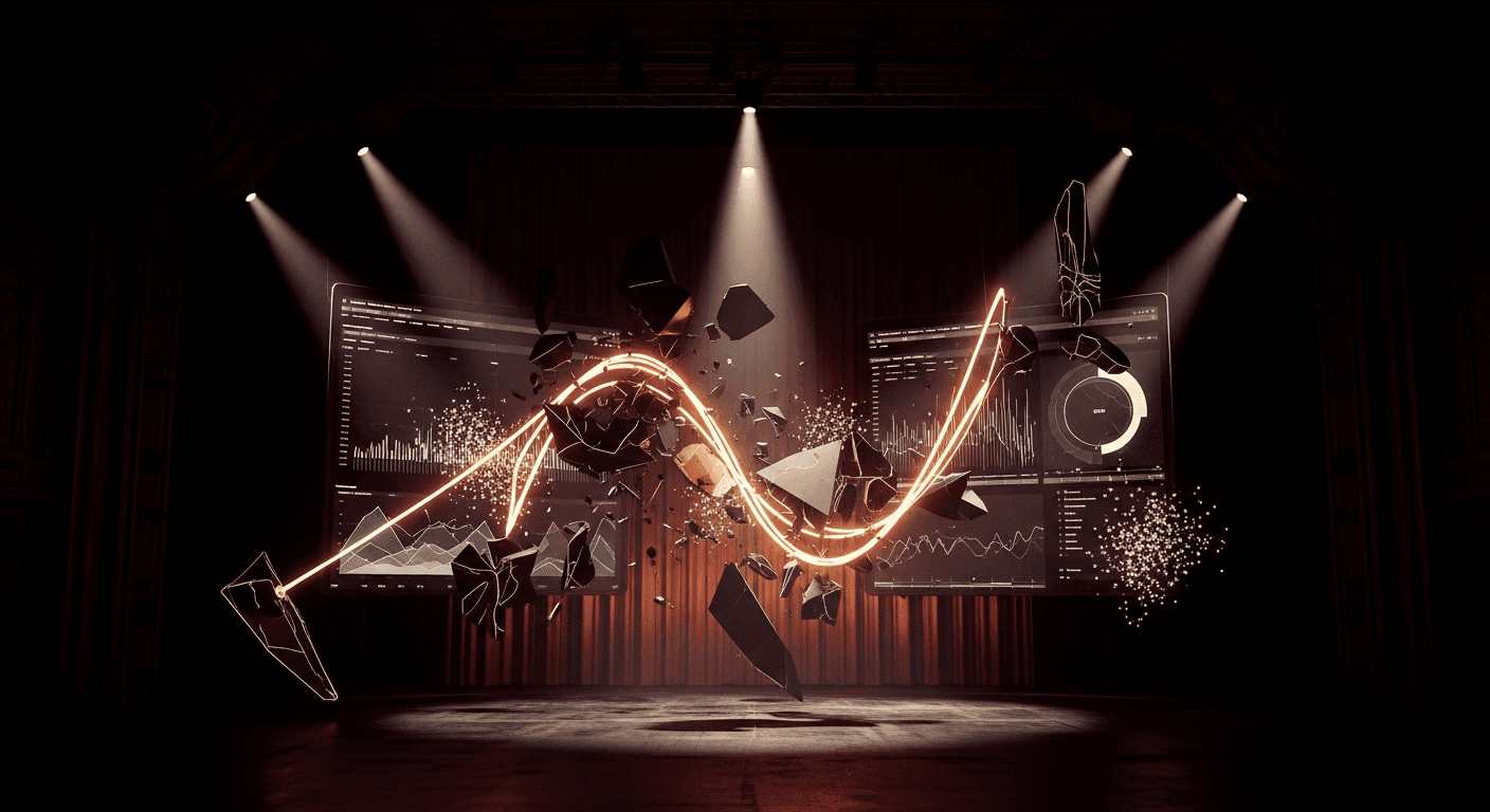 Shattered measurement dashboard with fragmented data streams representing the marketing attribution crisis