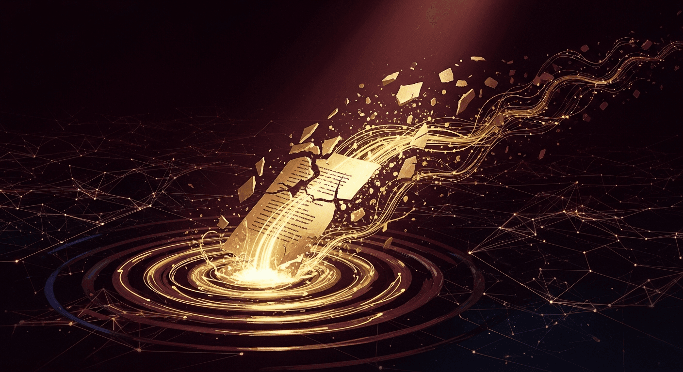 Dramatic chiaroscuro illustration of press release distribution for AI search visibility