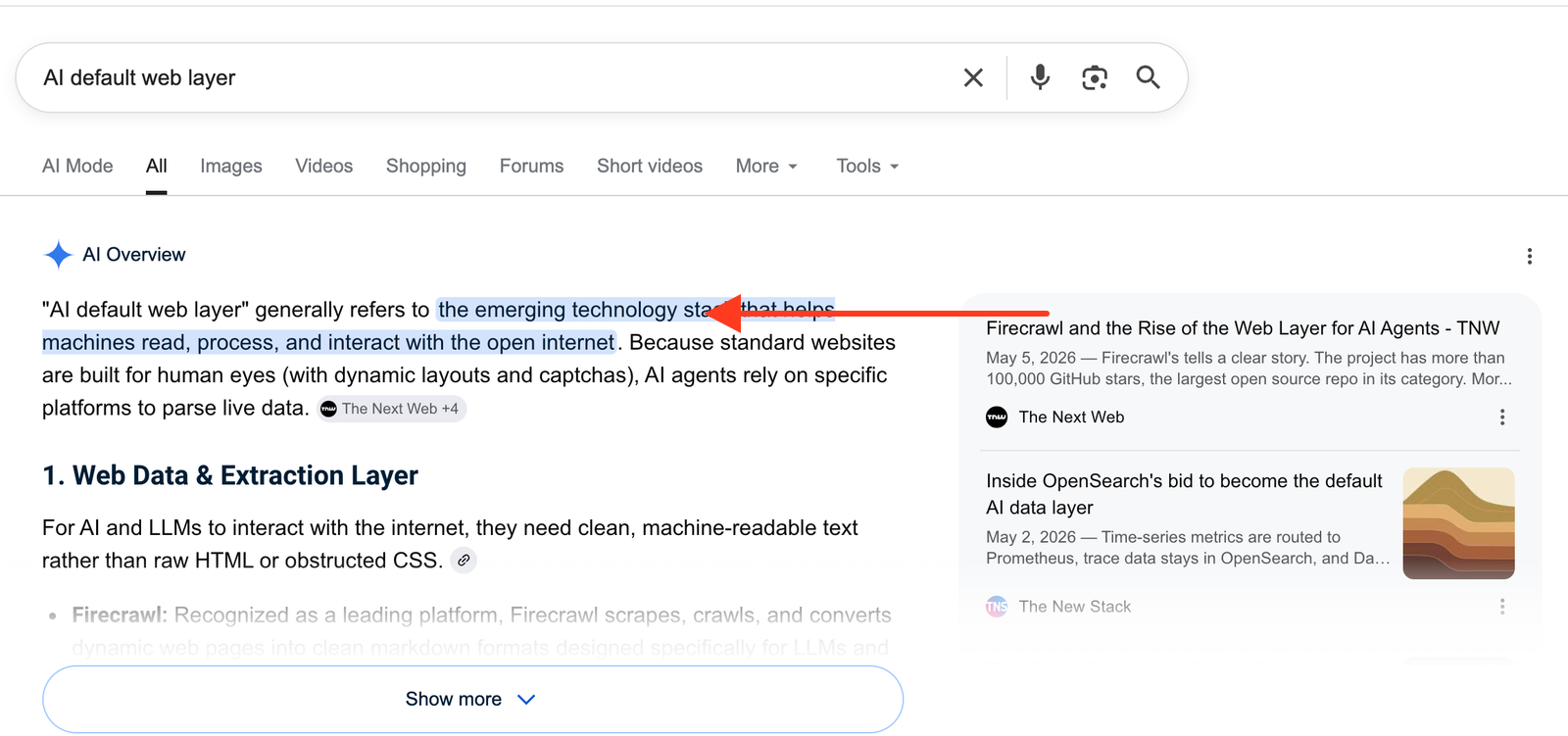 Google AI Overview for the query AI default web layer showing The Next Web's Firecrawl article surfaced beside the answer